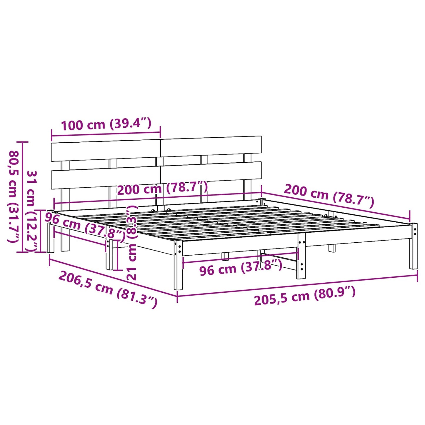 vidaXL Bed Frame with Headboard White 200 x 200 cm Solid Pine wood