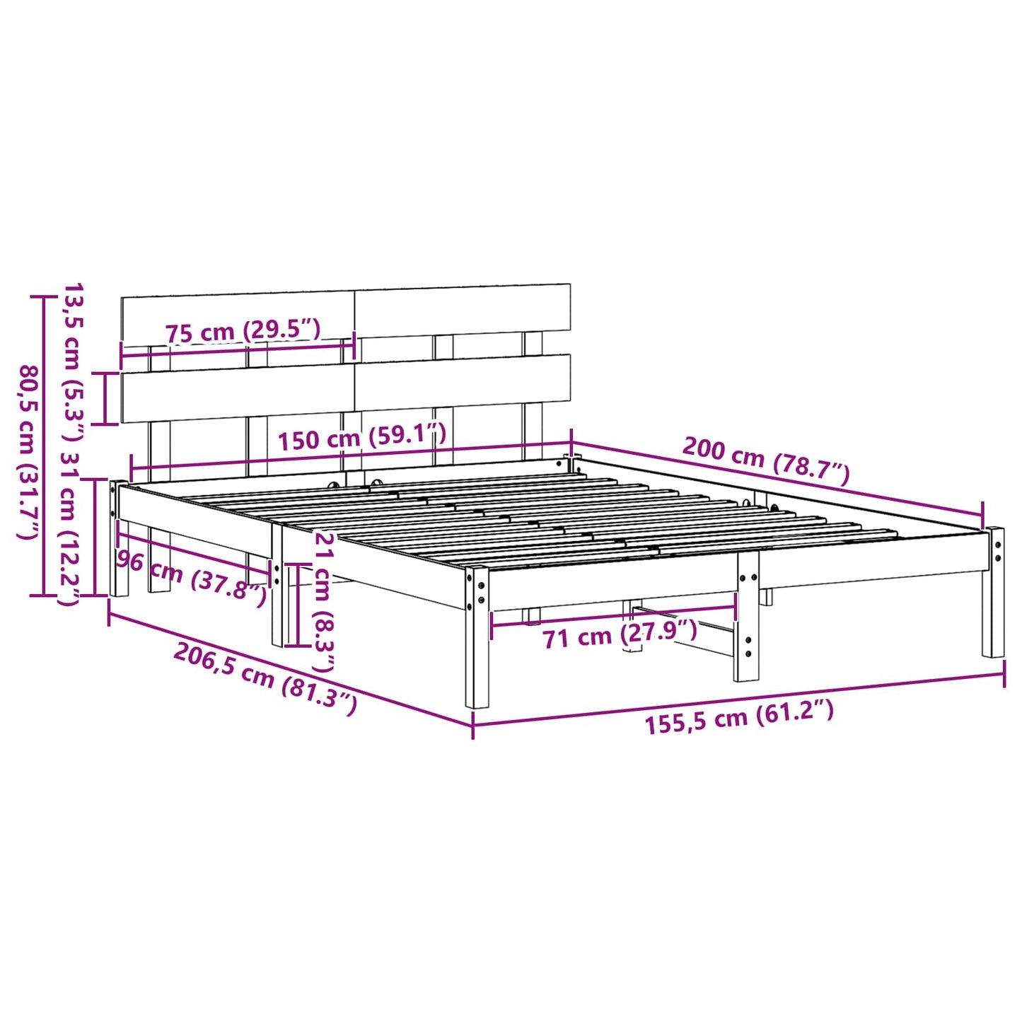 vidaXL Bed Frame with Headboard Brown 150 x 200 cm Solid Pine wood