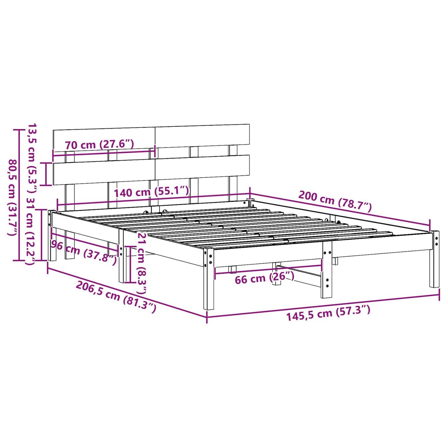 vidaXL Bed Frame with Headboard Brown 140 x 200 cm Solid Pine wood