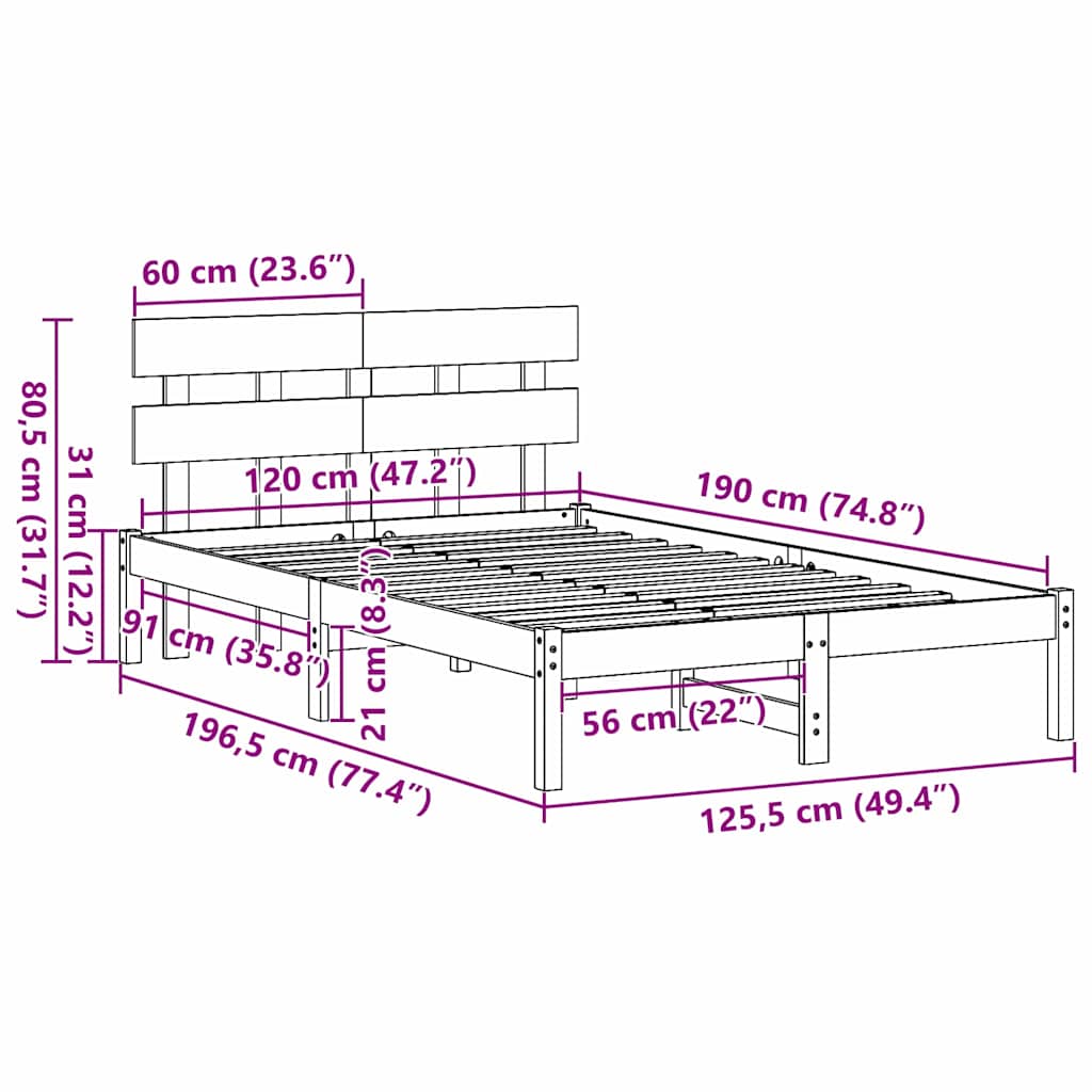 vidaXL Bed Frame with Headboard Brown 120 x 190 cm Solid Pine wood