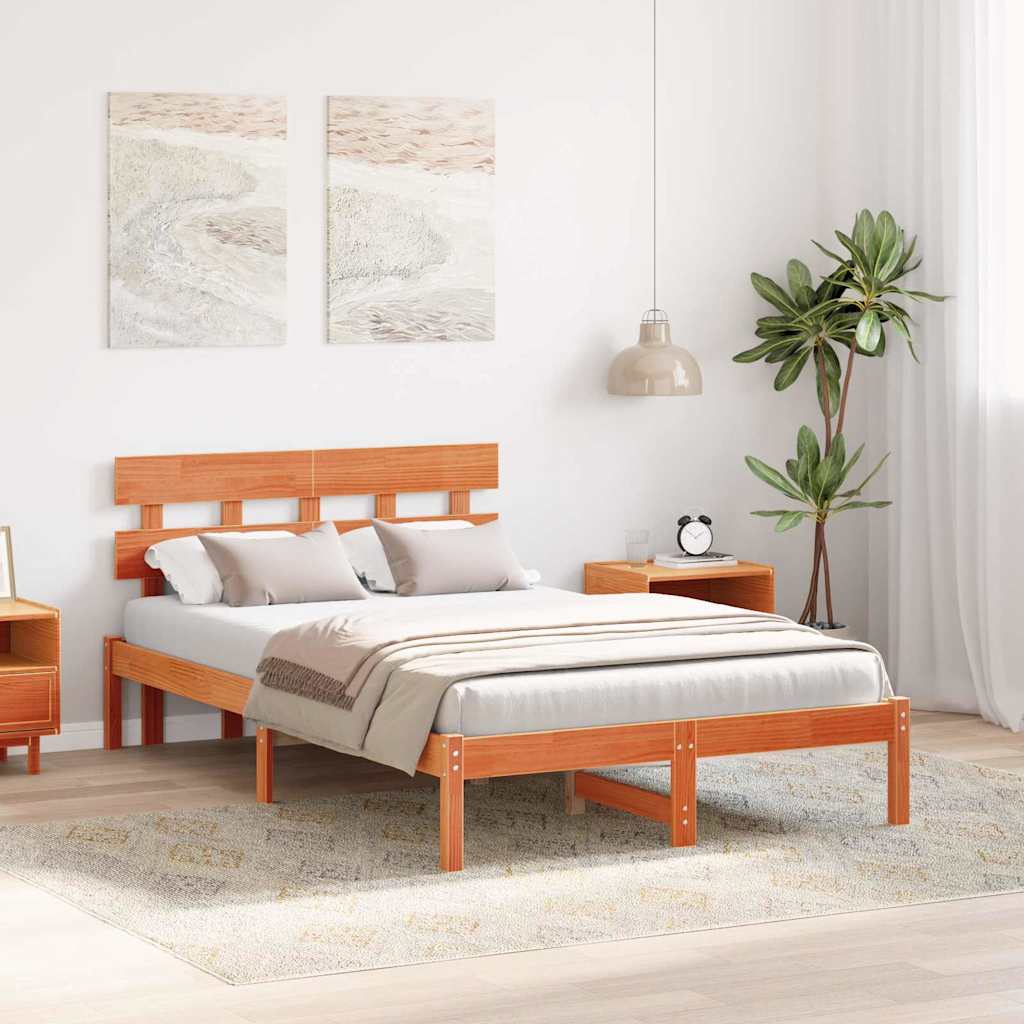 vidaXL Bed Frame with Headboard Brown 135 x 190 cm Solid Pine wood