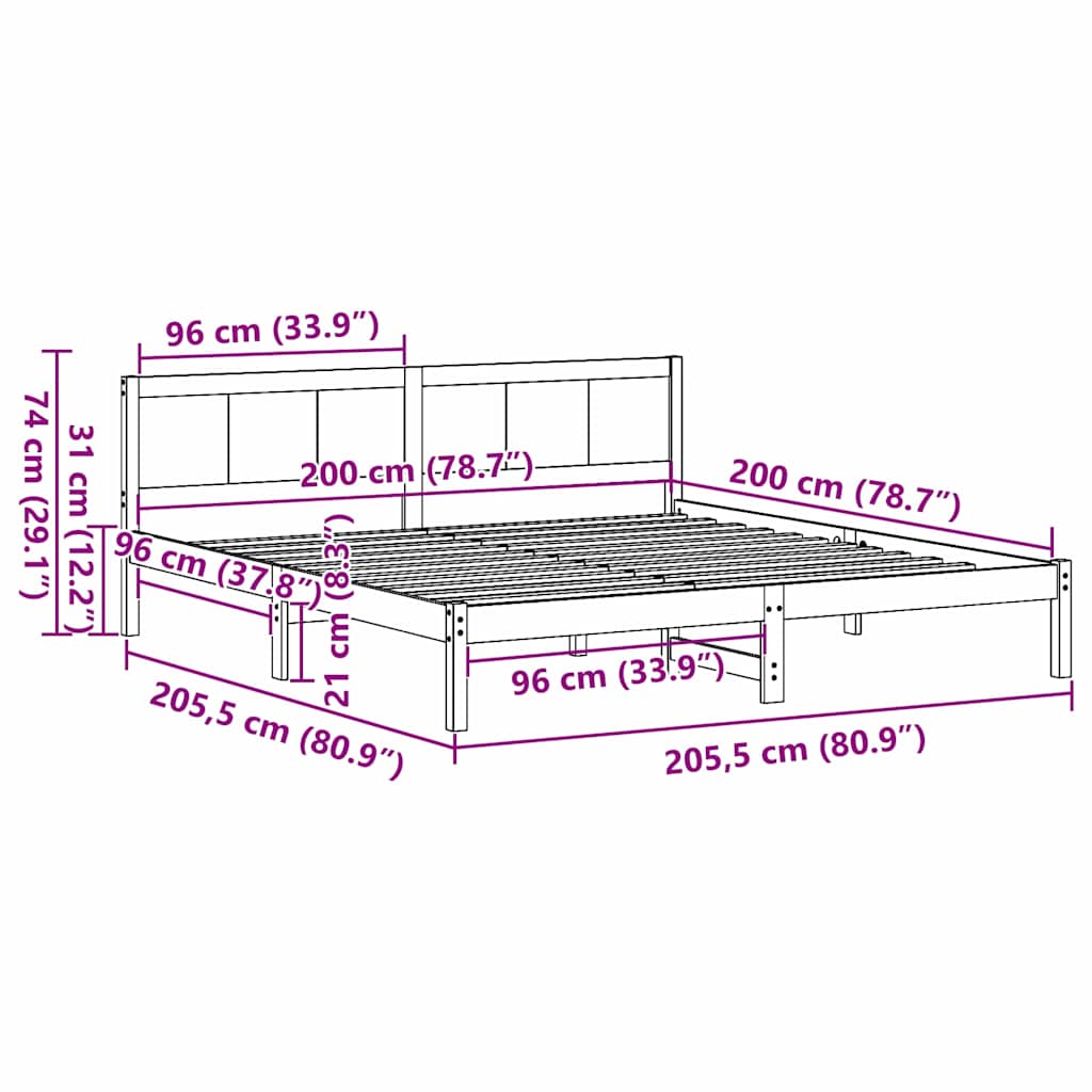 vidaXL Bed Frame Brown 200 x 200 cm Solid Pine wood