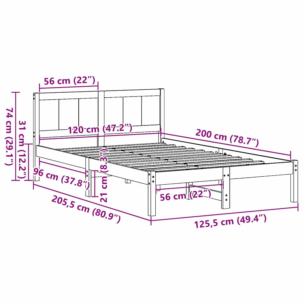 vidaXL Bed Frame Brown 120 x 200 cm Solid Pine wood