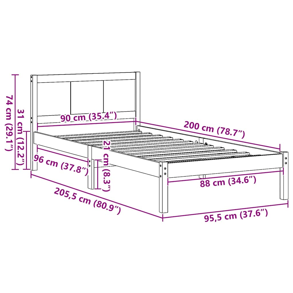 vidaXL Bed Frame Brown 90 x 200 cm Solid Pine wood