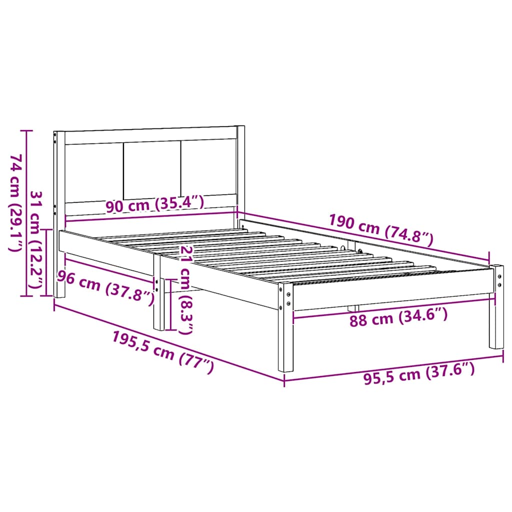 vidaXL Bed Frame White 90 x 190 cm Solid Pine wood
