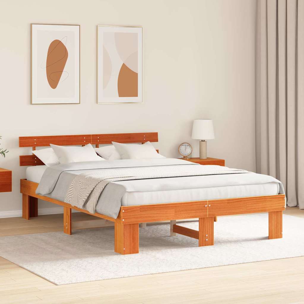 vidaXL Bed Frame with Headboard Wax Brown 160 x 200 cm Solid Pine Wood