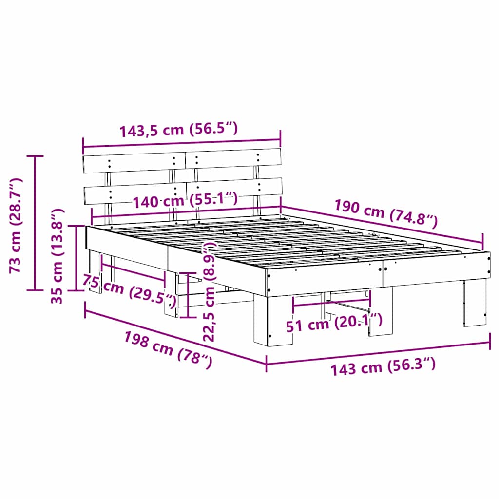 vidaXL Bed Frame with Headboard White 140 x 190 cm Solid Pine Wood