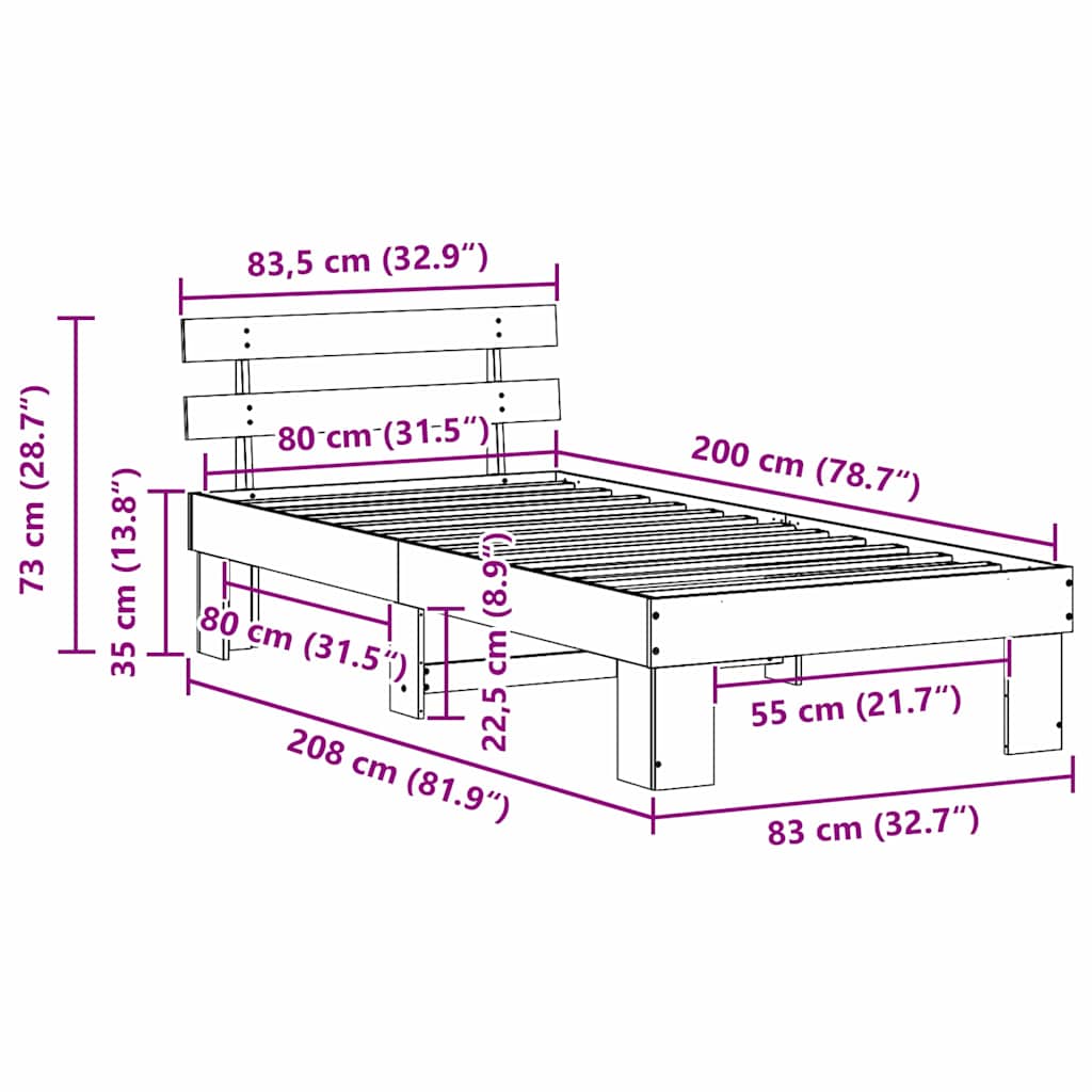 vidaXL Bed Frame with Headboard White 80 x 200 cm Solid Pine Wood