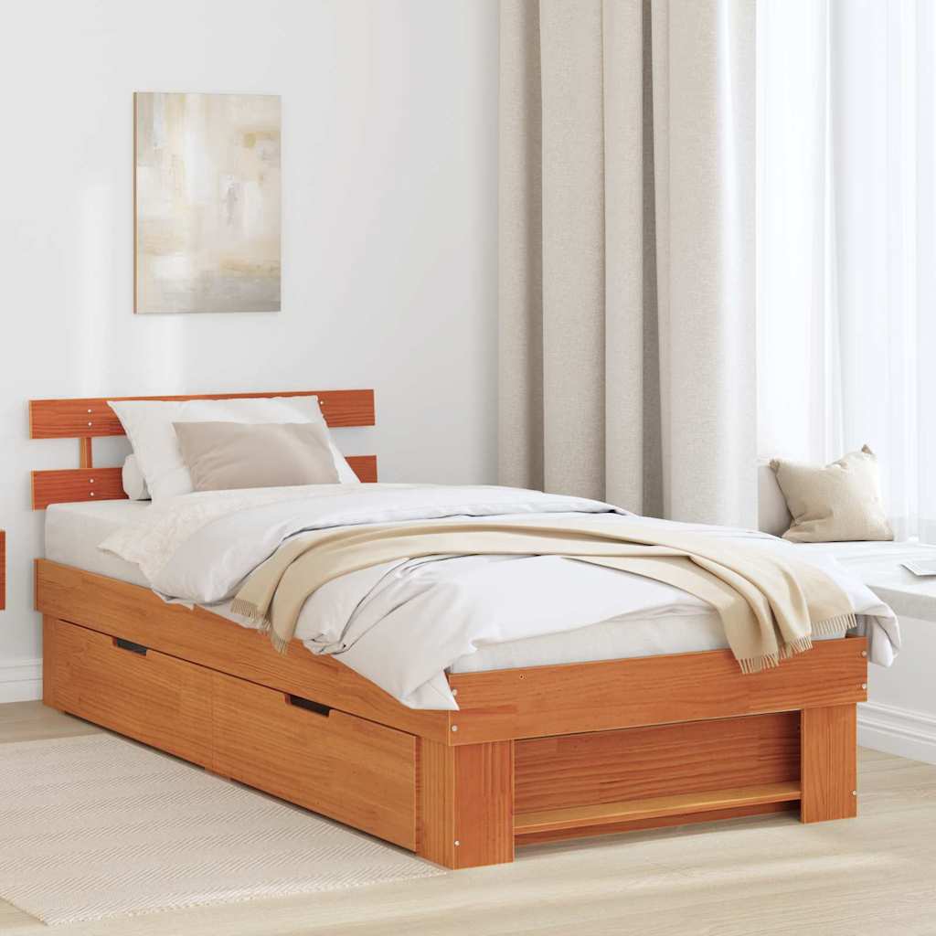 vidaXL Bed Frame with Headboard Wax Brown 100 x 200 cm Solid Pine Wood