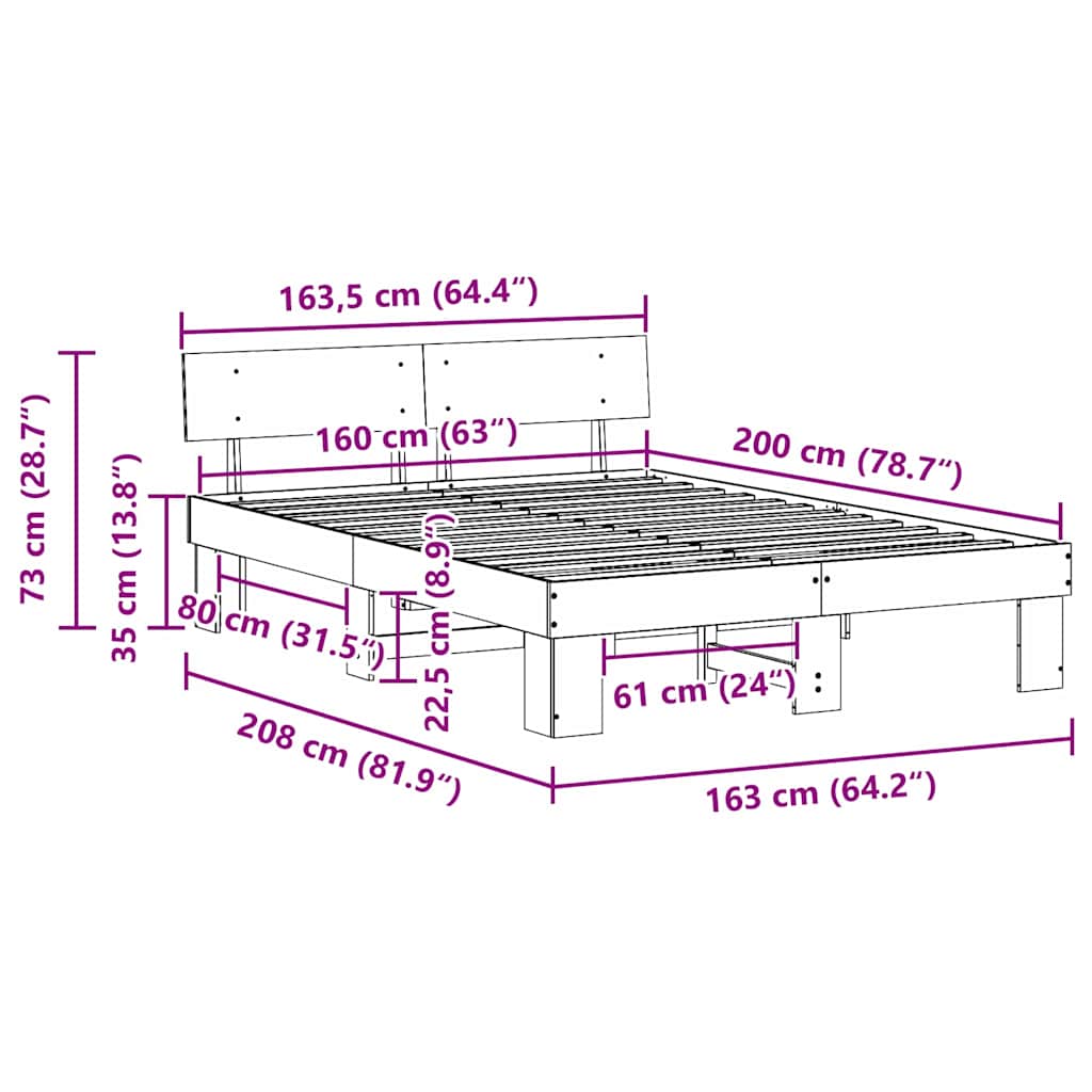 vidaXL Bed Frame with Headboard White 160 x 200 cm Solid Pine Wood
