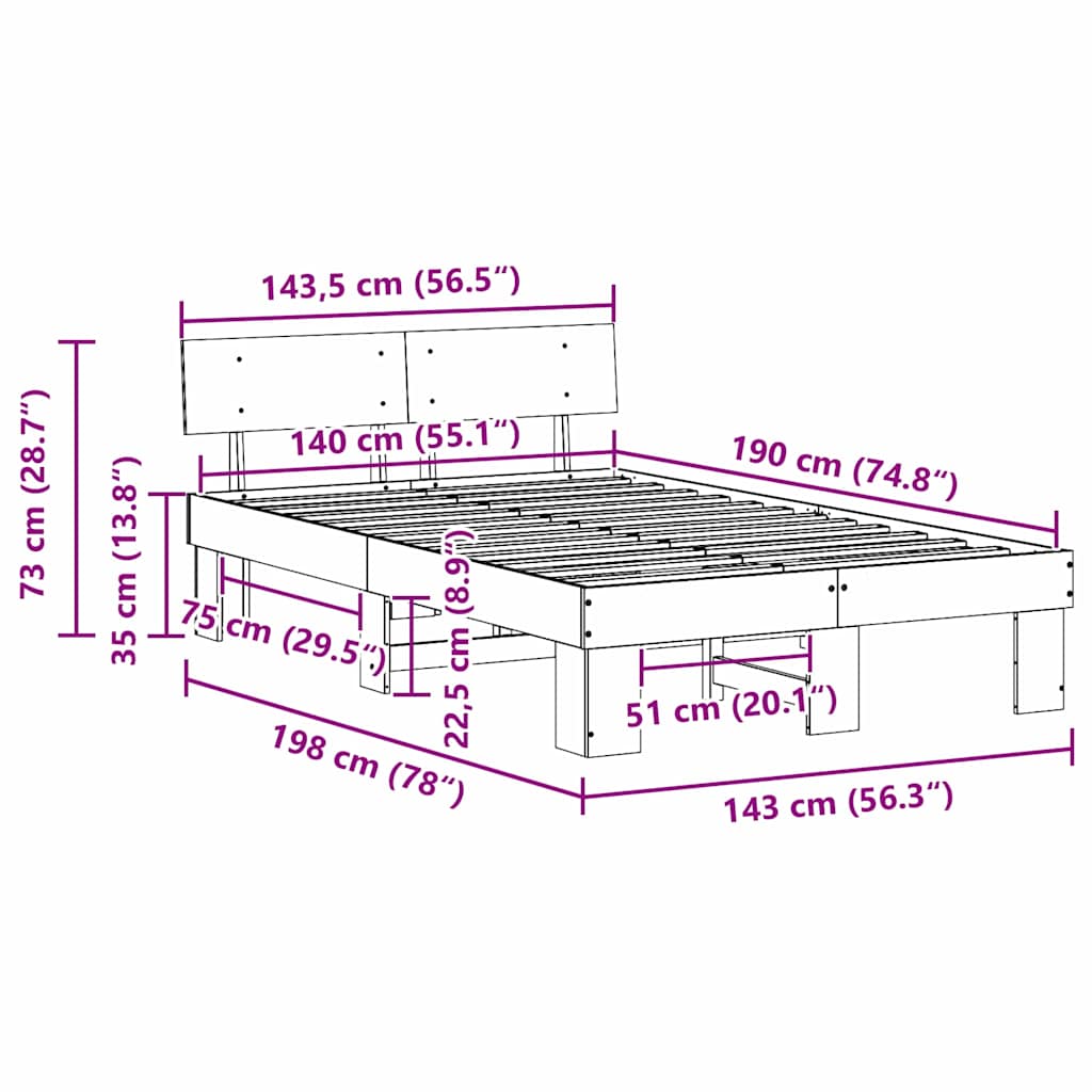 vidaXL Bed Frame with Headboard Wax Brown 140 x 190 cm Solid Pine Wood