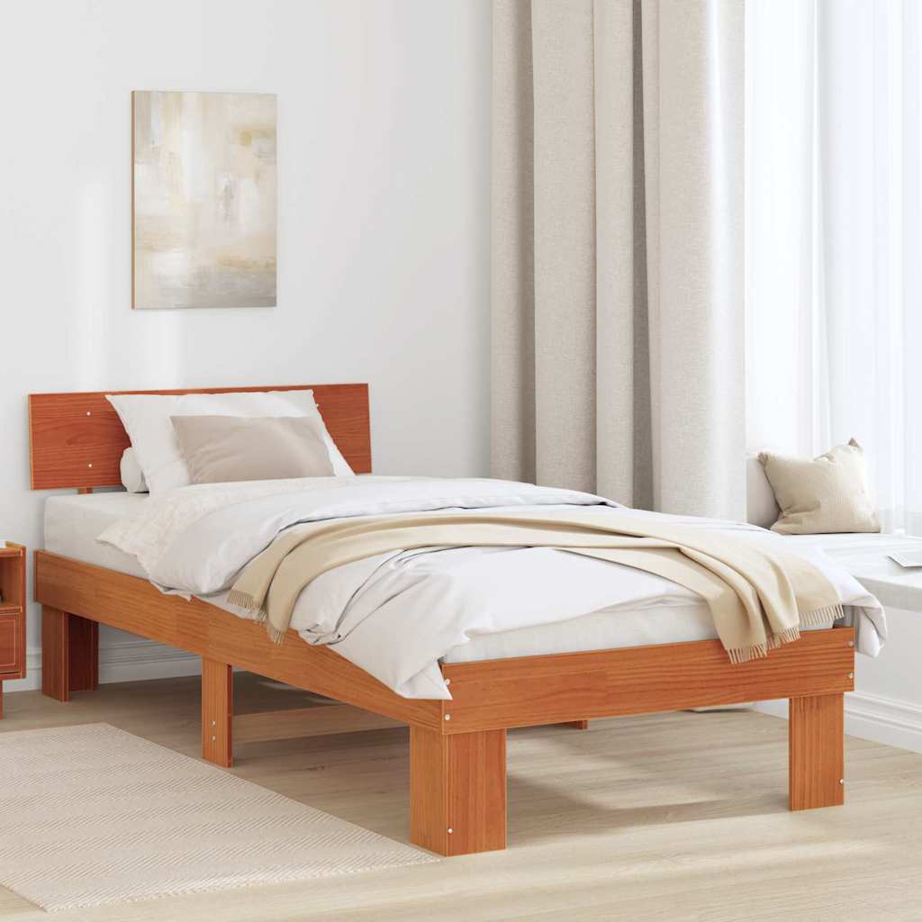 vidaXL Bed Frame with Headboard Wax Brown 90 x 200 cm Solid Pine Wood