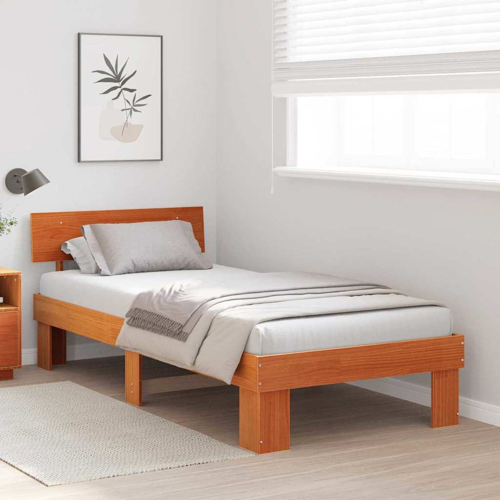 vidaXL Bed Frame with Headboard Wax Brown 90 x 200 cm Solid Pine Wood