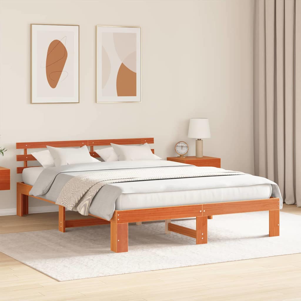 vidaXL Bed Frame with Headboard Wax Brown 160 x 200 cm Solid Pine Wood