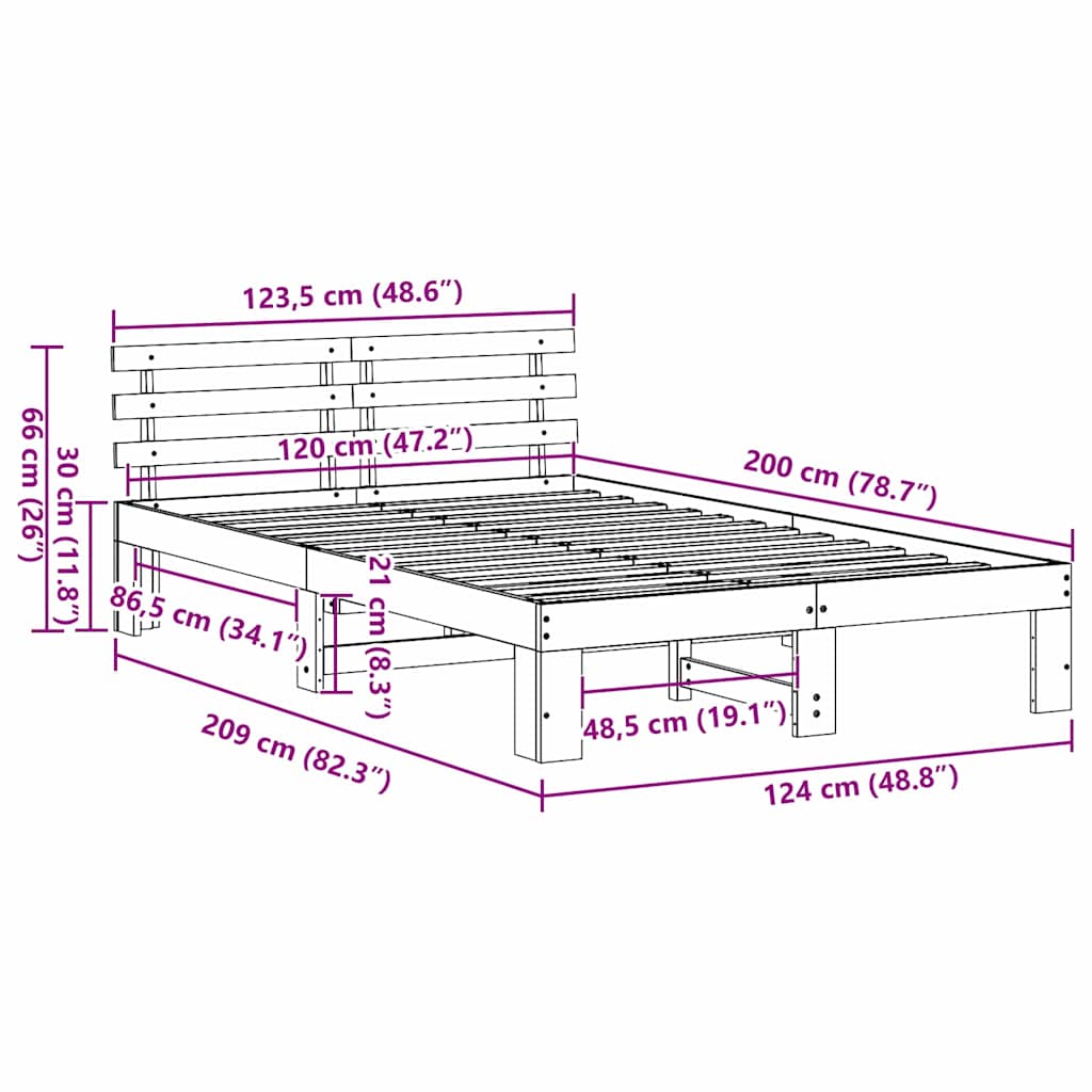 vidaXL Bed Frame with Headboard Wax Brown 120 x 200 cm Solid Pine Wood