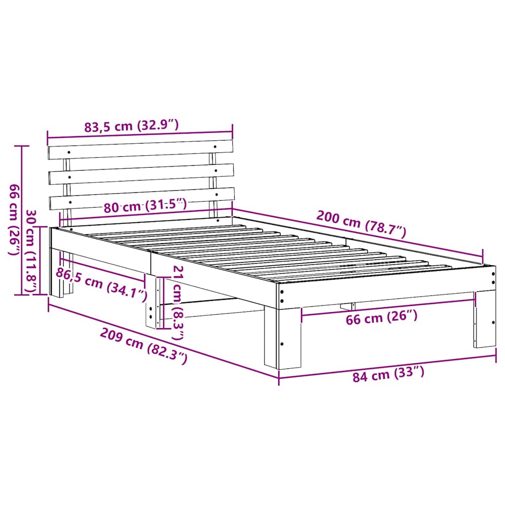 vidaXL Bed Frame with Headboard Wax Brown 80 x 200 cm Solid Pine Wood