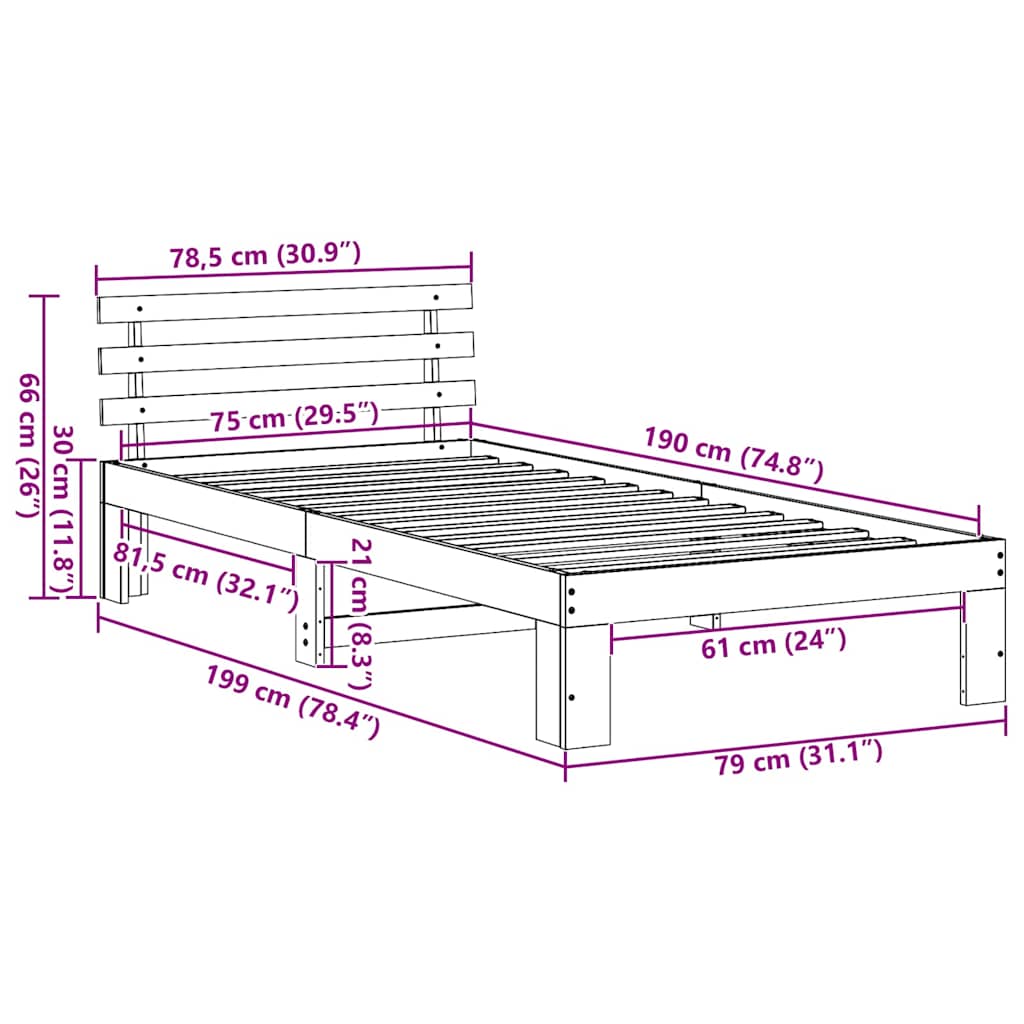 vidaXL Bed Frame with Headboard Wax Brown 75 x 190 cm Solid Pine Wood