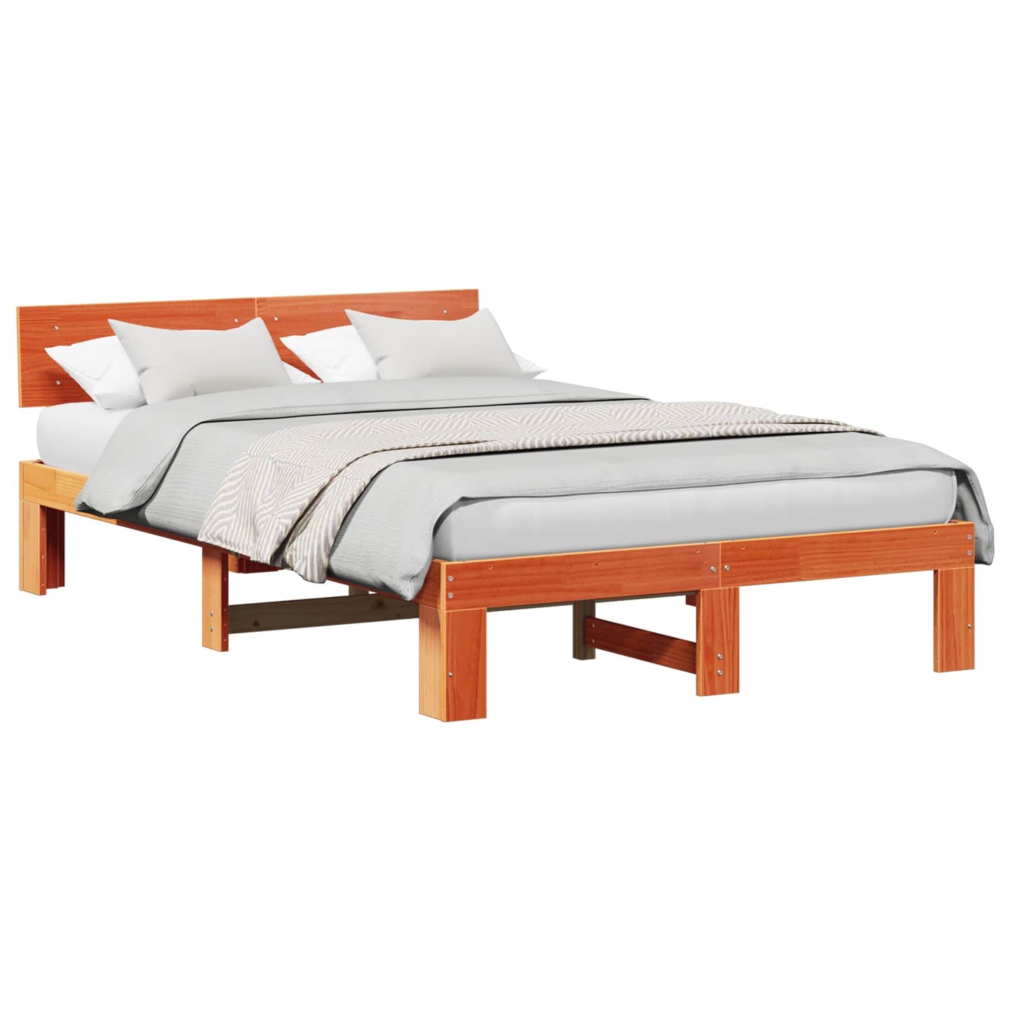 vidaXL Bed Frame with Headboard Wax Brown 135 x 190 cm Solid Pine Wood