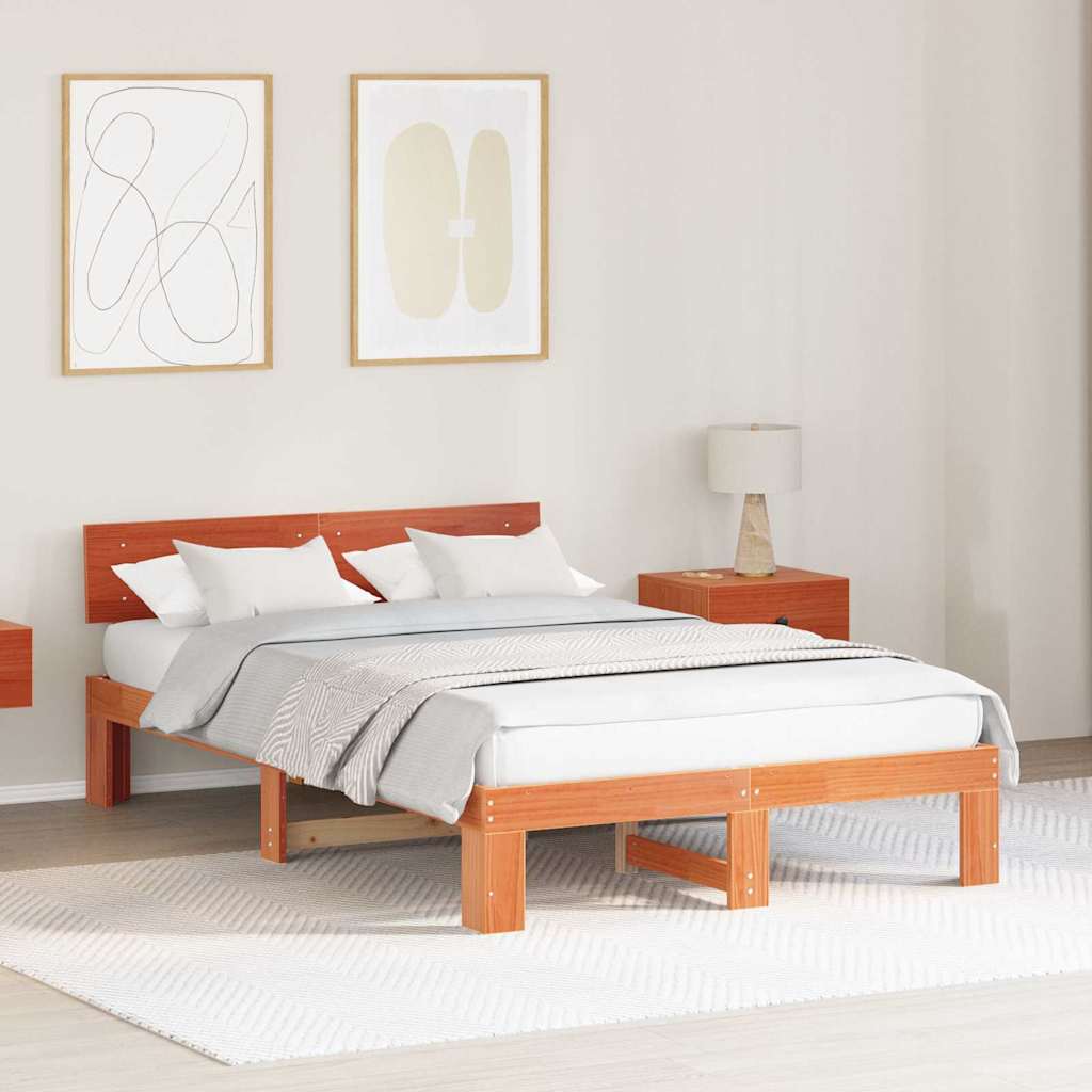 vidaXL Bed Frame with Headboard Wax Brown 120 x 190 cm Solid Pine Wood