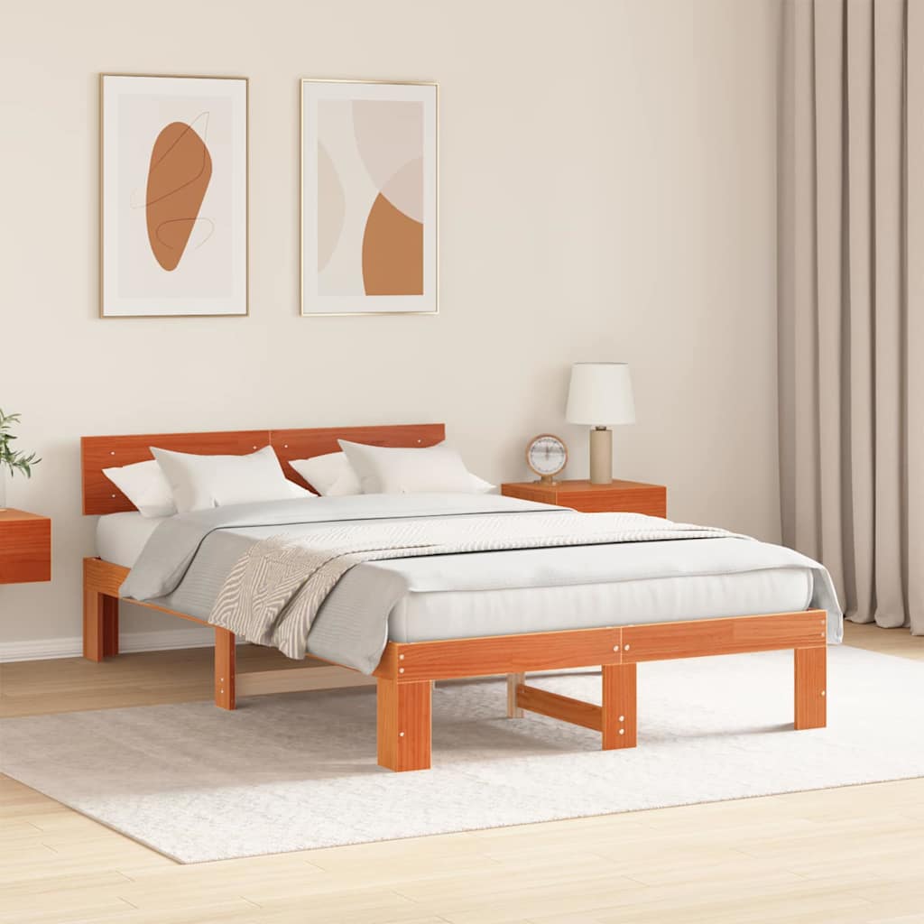 vidaXL Bed Frame with Headboard Wax Brown 120 x 190 cm Solid Pine Wood