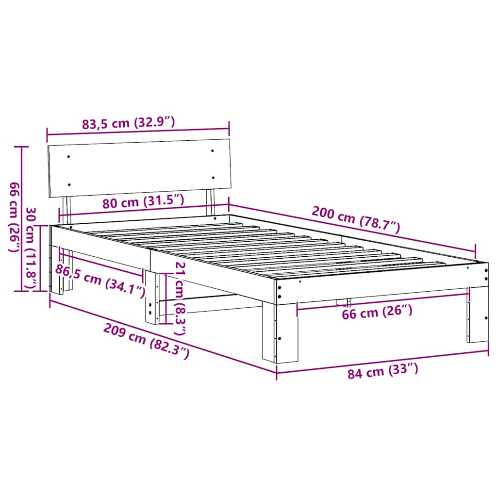 vidaXL Bed Frame with Headboard White 80 x 200 cm Solid Pine Wood