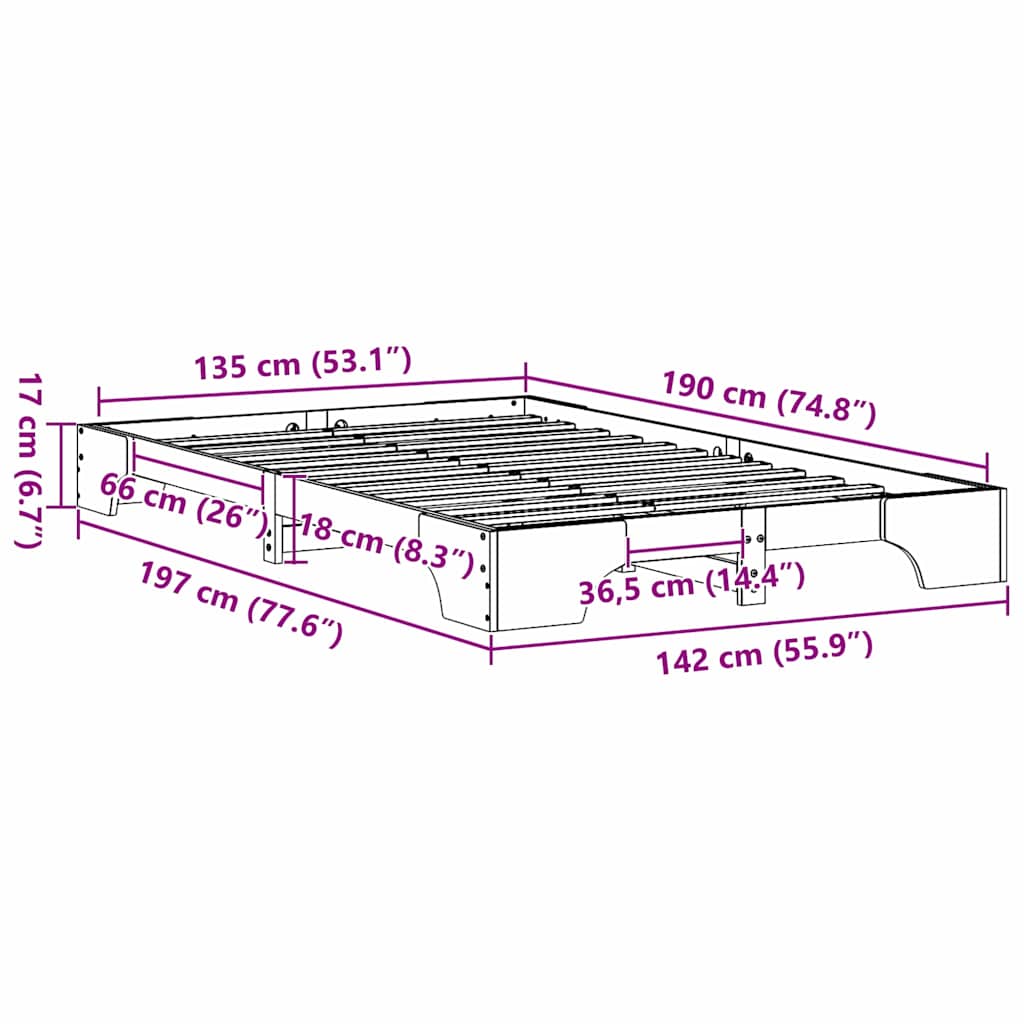vidaXL Bed Frame Natural 135 x 190 cm Solid Pine Wood