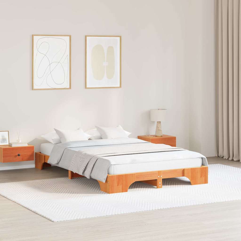 vidaXL Bed Frame Wax Brown 135 x 190 cm Solid Pine Wood