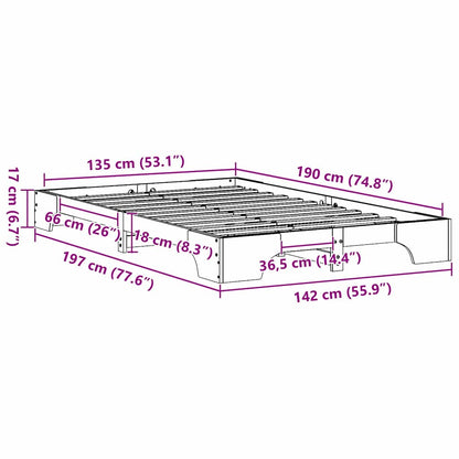 vidaXL Bed Frame Wax Brown 135 x 190 cm Solid Pine Wood