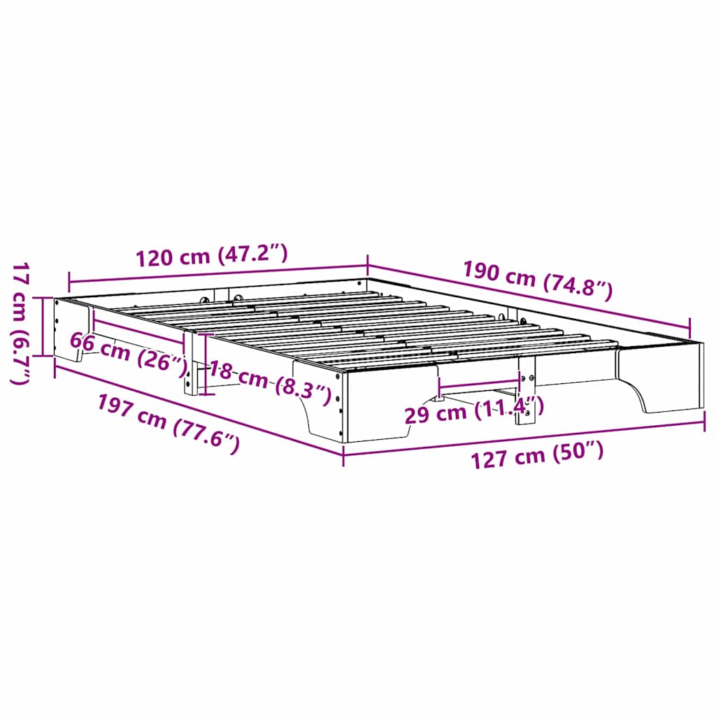 vidaXL Bed Frame Wax Brown 120 x 190 cm Solid Pine Wood