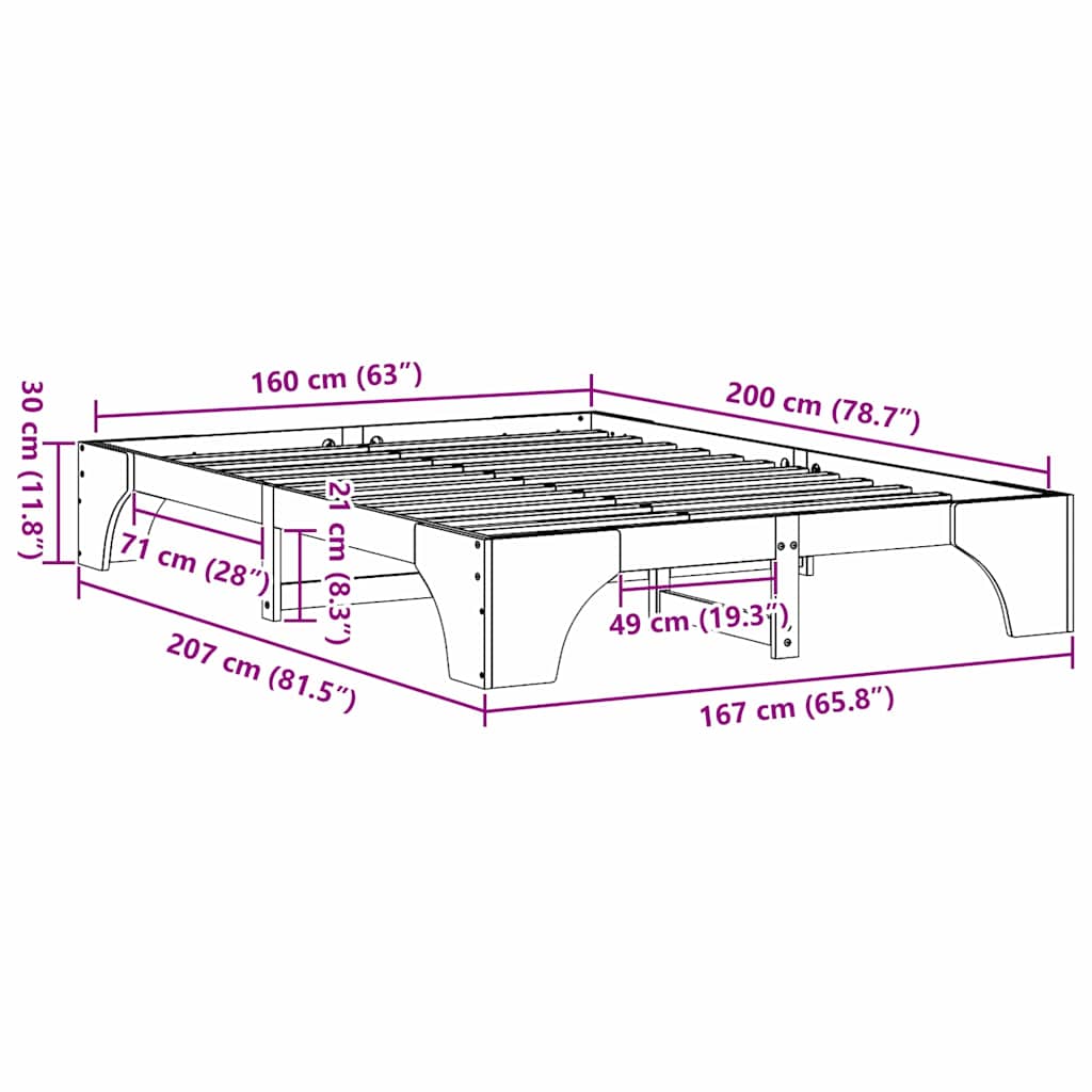 vidaXL Bed Frame Wax Brown 160 x 200 cm Solid Pine Wood