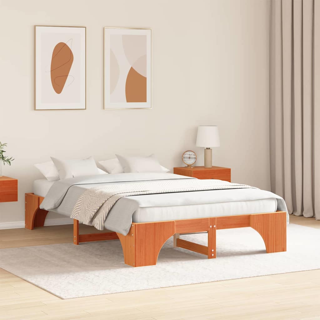 vidaXL Bed Frame Wax Brown 135 x 190 cm Solid Pine Wood