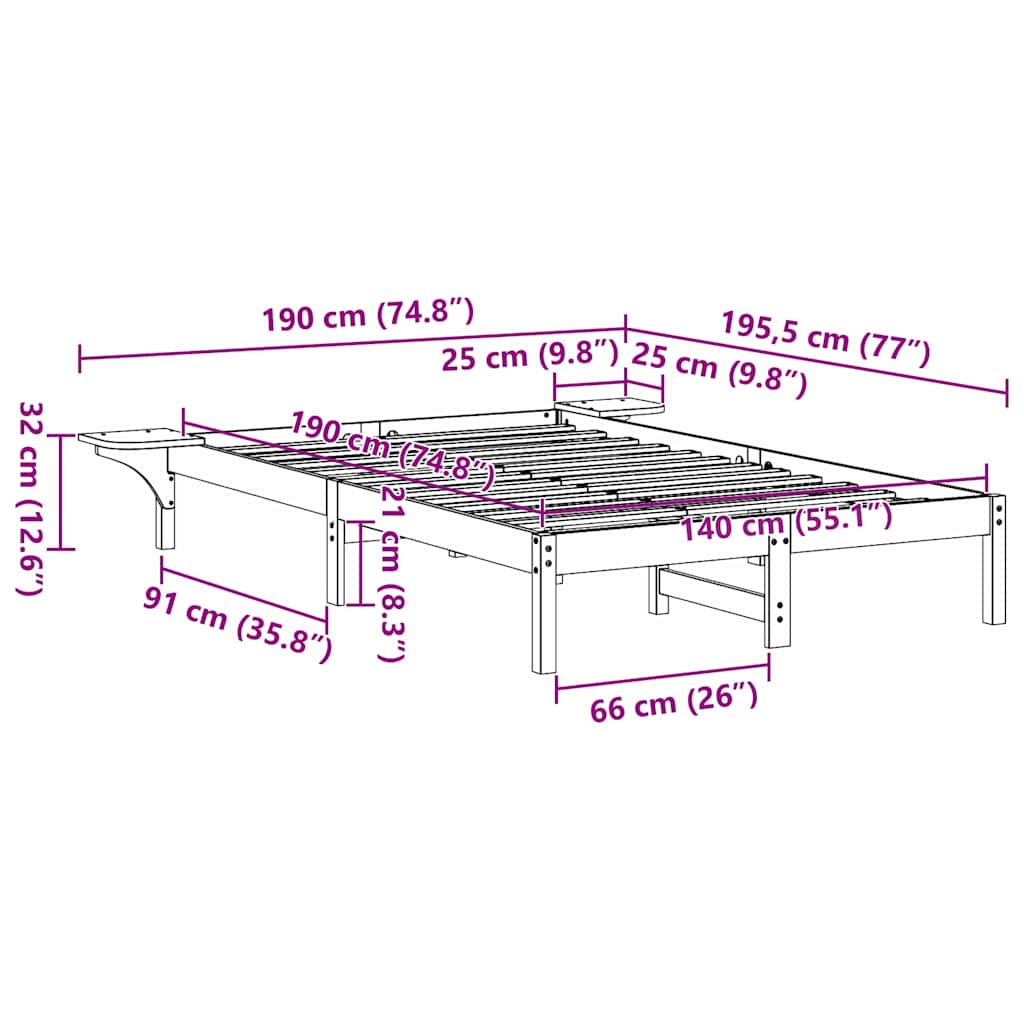 vidaXL Bed Frame Natural 140 x 190 cm Solid Pine Wood