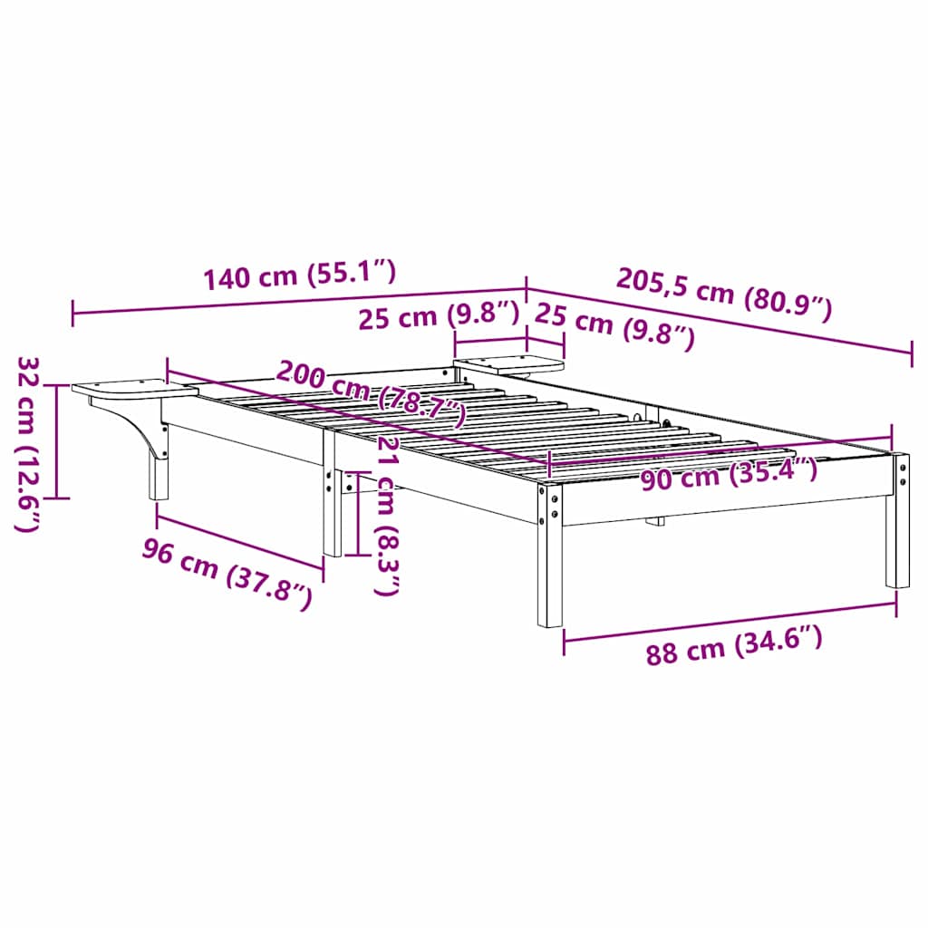 vidaXL Bed Frame White 90 x 200 cm Solid Pine Wood