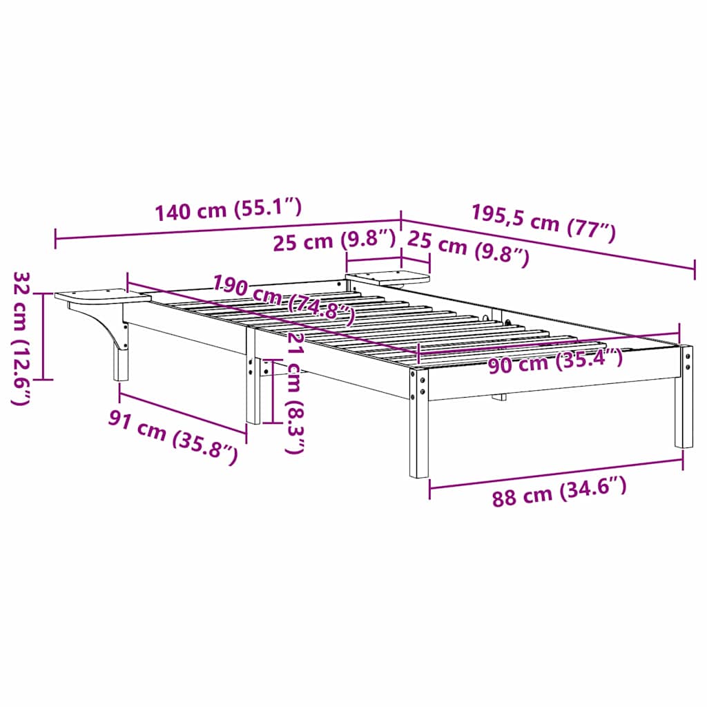 vidaXL Bed Frame Natural 90 x 190 cm Solid Pine Wood