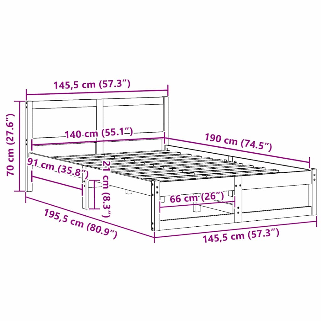 vidaXL Bed Frame with Headboard Natural 140 x 190 cm Solid Pine Wood