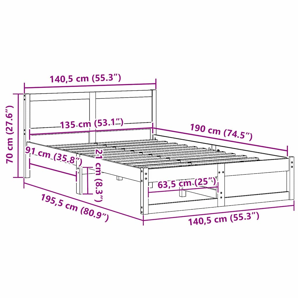 vidaXL Bed Frame with Headboard Natural 135 x 190 cm Solid Pine Wood
