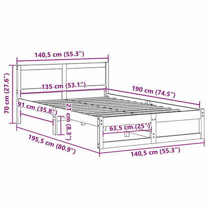 vidaXL Bed Frame with Headboard Natural 135 x 190 cm Solid Pine Wood