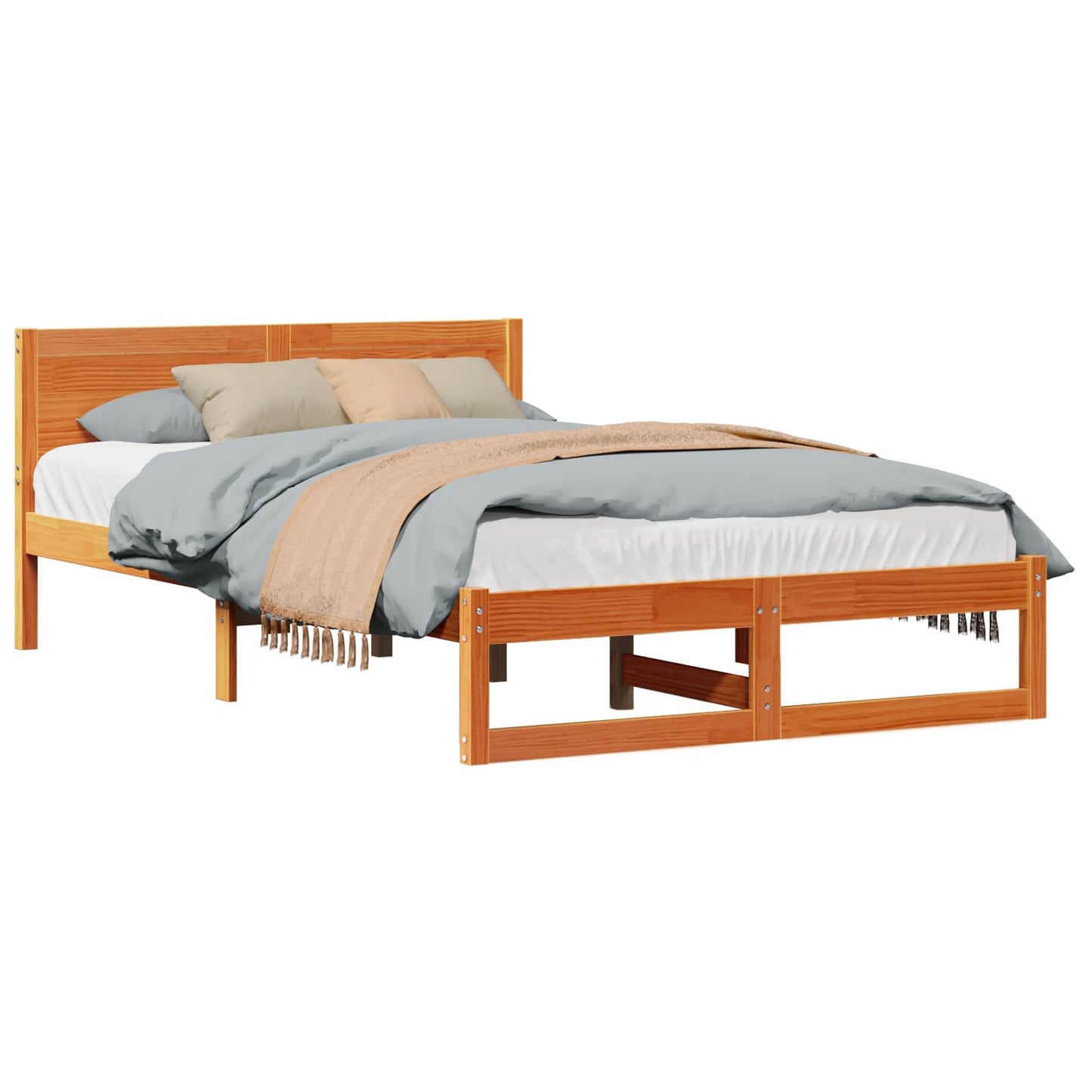 vidaXL Bed Frame with Headboard Wax Brown 135 x 190 cm Solid Pine Wood