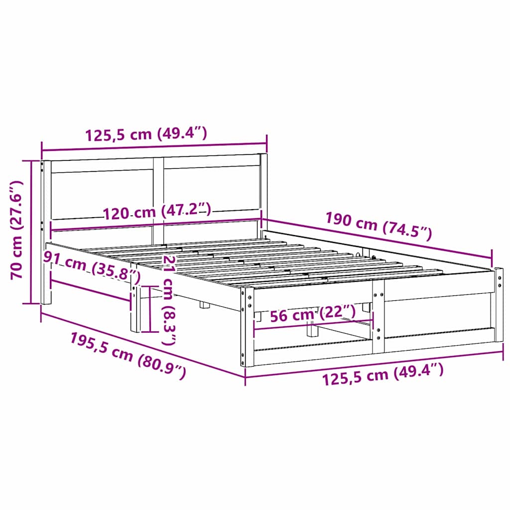vidaXL Bed Frame with Headboard Natural 120 x 190 cm Solid Pine Wood
