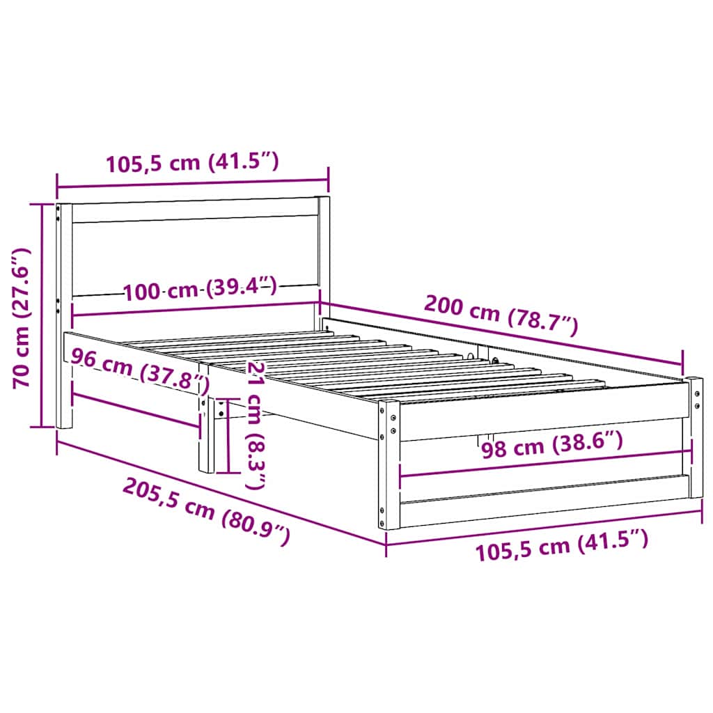 vidaXL Bed Frame with Headboard Natural 100 x 200 cm Solid Pine Wood