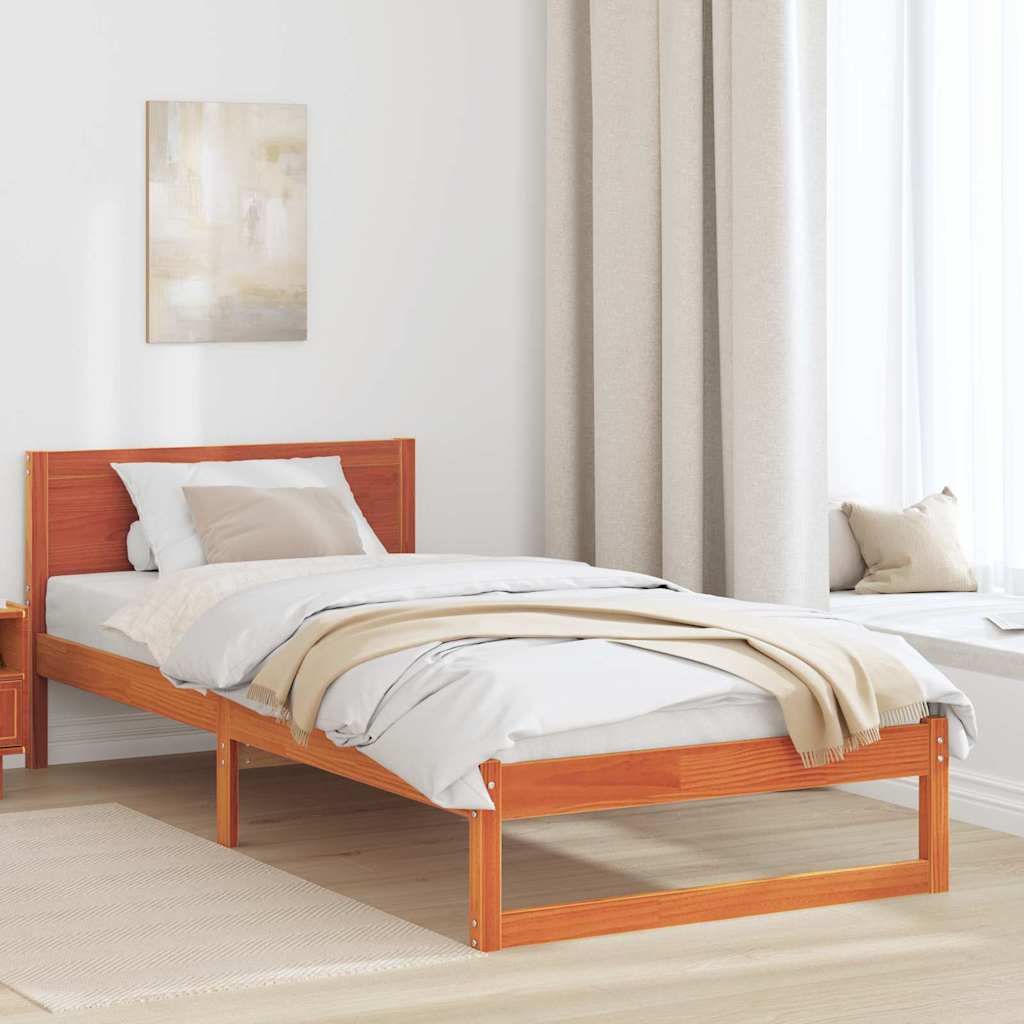 vidaXL Bed Frame with Headboard Wax Brown 90 x 200 cm Solid Pine Wood