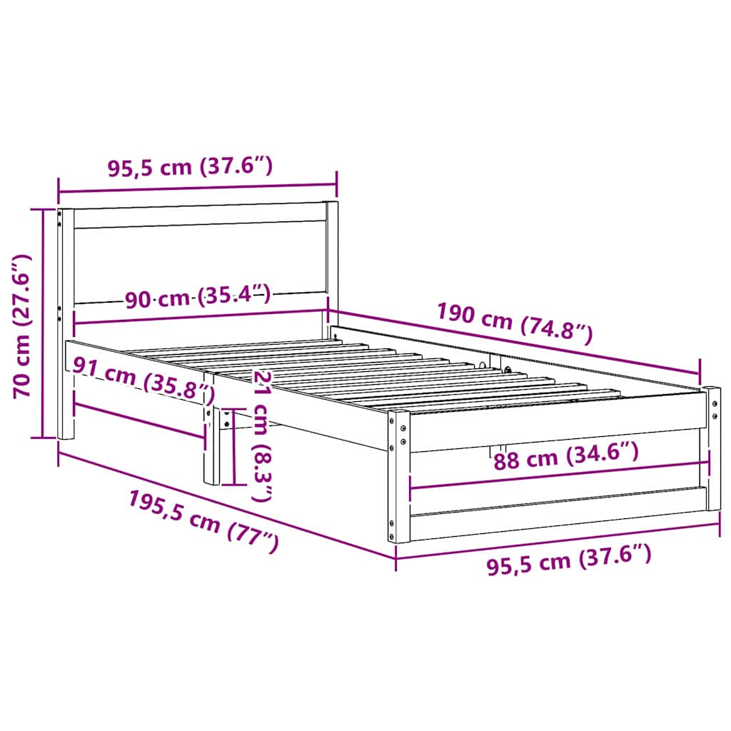 vidaXL Bed Frame with Headboard Natural 90 x 190 cm Solid Pine Wood
