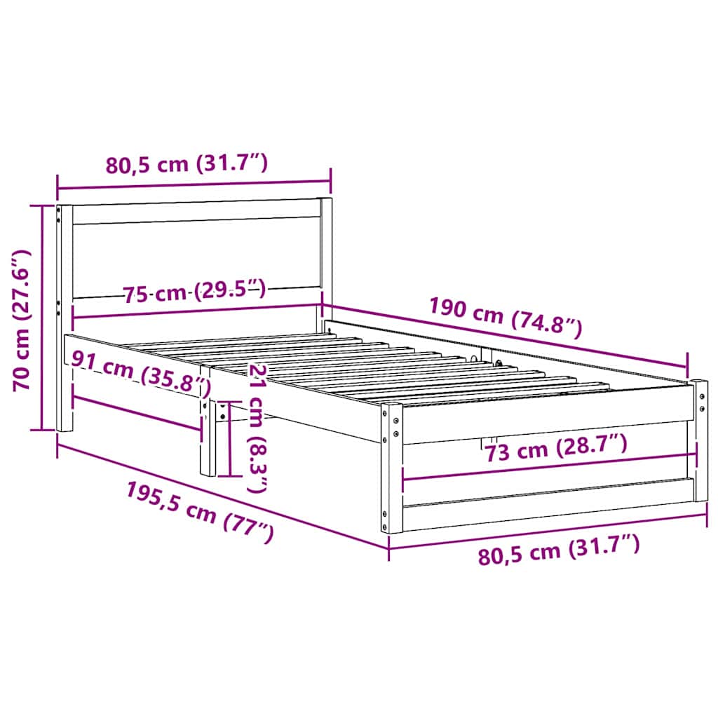 vidaXL Bed Frame with Headboard White 75 x 190 cm Solid Pine Wood