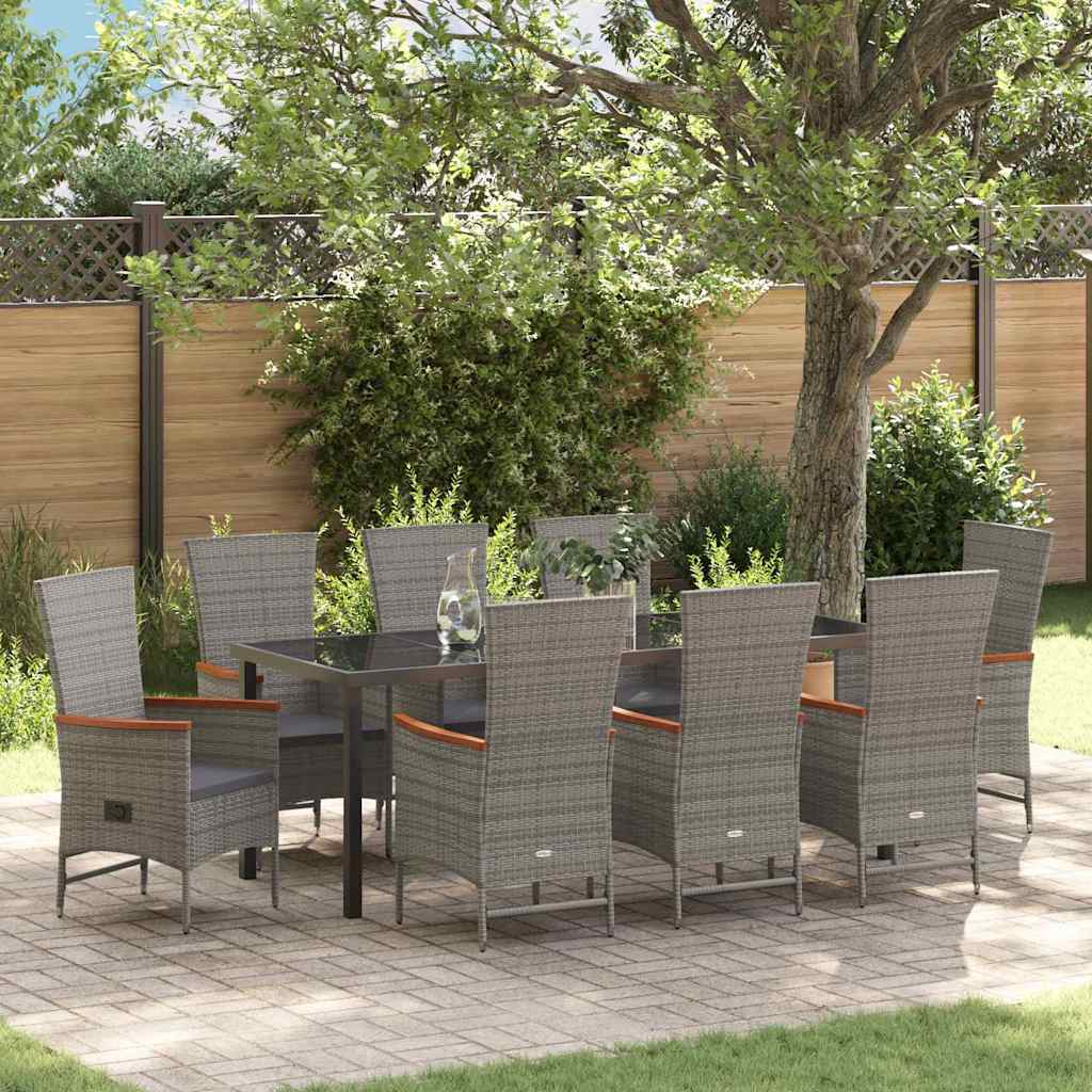 vidaXL Garden Dining Set with Cushion 9 pcs Grey Poly Rattan