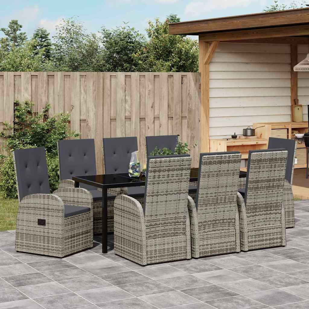 vidaXL Garden Dining Set with Cushion 9 pcs Grey Poly Rattan