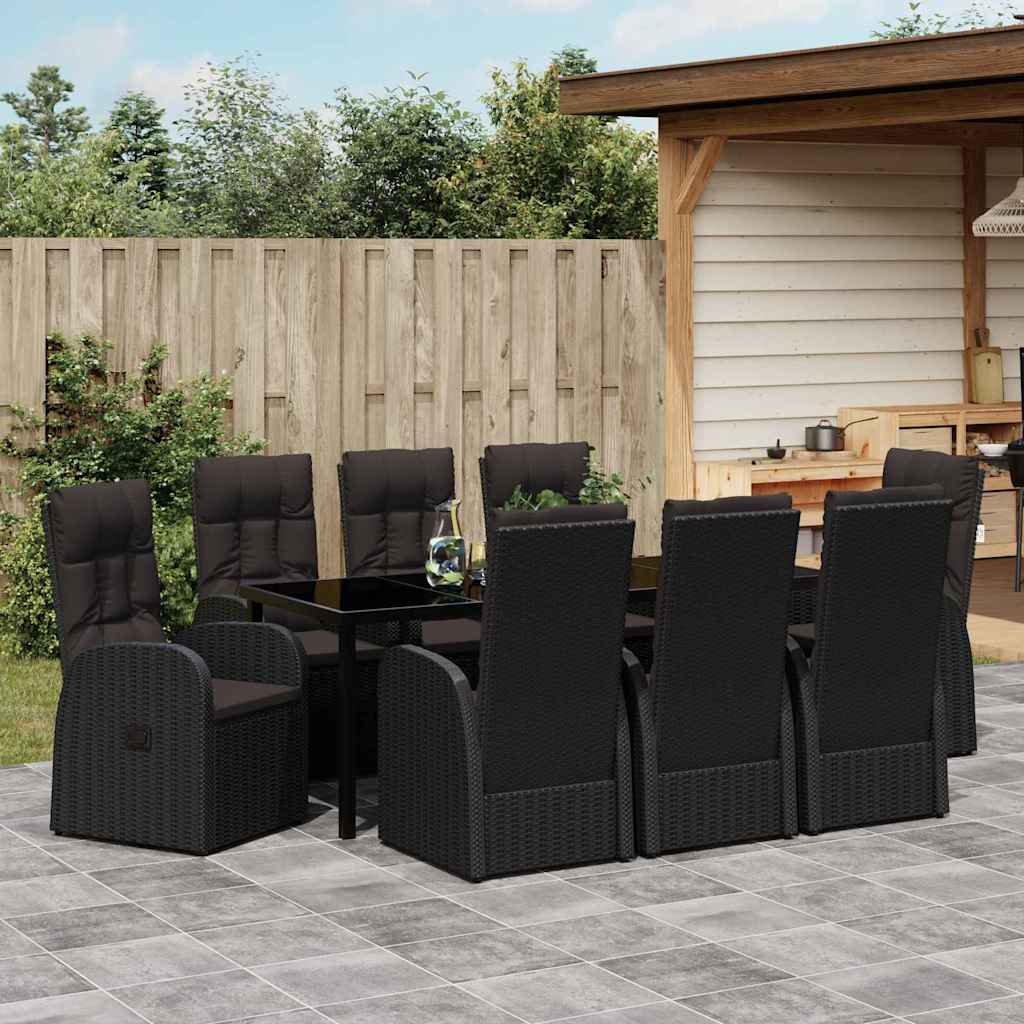 vidaXL Garden Dining Set with Cushion 9 pcs Black Poly Rattan