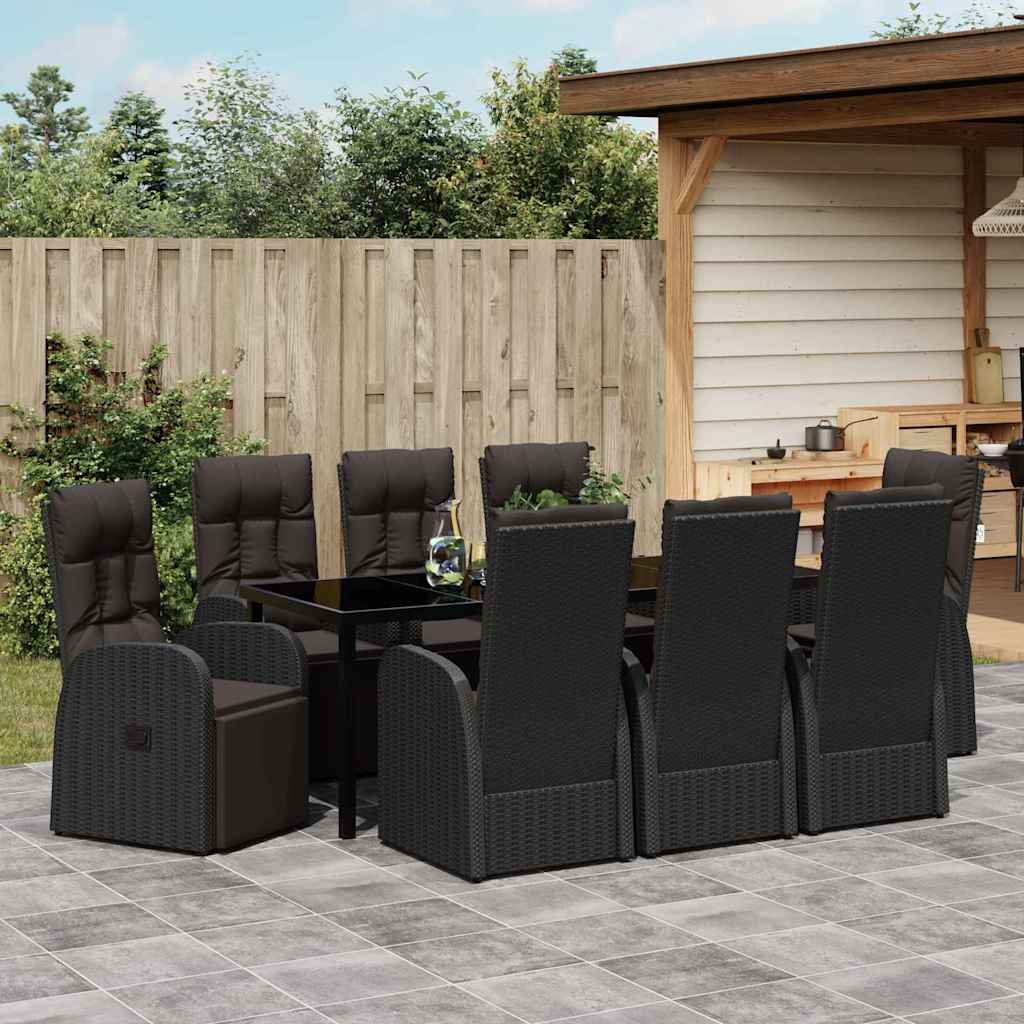 vidaXL Garden Dining Set with Cushion 9 pcs Black Poly Rattan