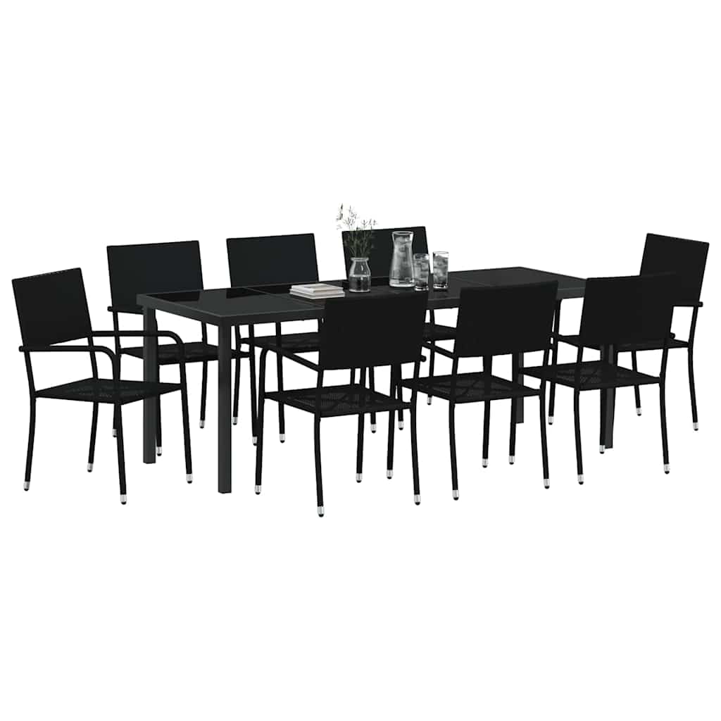 vidaXL Garden Dining Set with Cushion 9 pcs Black Poly Rattan