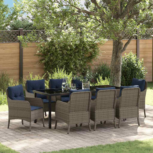 vidaXL Garden Dining Set with Cushion 9 pcs Grey Poly Rattan