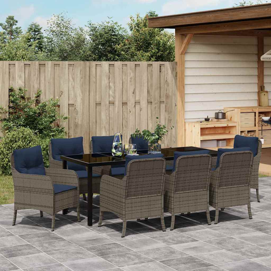 vidaXL Garden Dining Set with Cushion 9 pcs Grey Poly Rattan